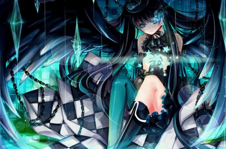 Black★Rock Angel - anime, female, wing, dress, checker, angel, long hair, dark, cystal, black rock shooter, blue flame, balck, hat, abstract, twin tails, gown, anime girl, twintails, hot, girl, flame, feather, fantasy, wings, black hair, cute, sexy