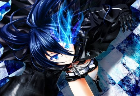 Blackâ˜…Rock Shooter - sexy, hot, girl, twintails, anime girl, black, black hair, flame, checker, dark, twin tails, blue flame long hair, anime, cute, black rock shooter