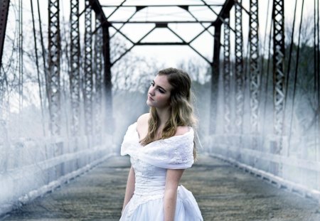 Girl at bridge - withe, model, dress, girl, beauty, bridge, softness