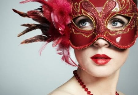 Red mask - red, flower, mask, lips, necklace, girl