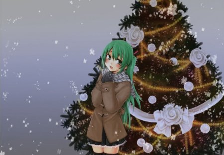 Miku Christmas - female, superstar, singer, anime girl, idol, anime, holiday, miku, ribbon, cute, hatsune miku, girl, twintails, long hair, snowflakes, christmas, vocaloids, christmas tree, bbon, green eyes, merry christmas, twin tails, vocaloid, snow, diva, green hair