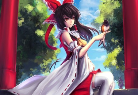 Reimu n Bird - bird, anime, female, wing, maiden, shrine maiden, plant, long hair, shrine, animal, touhou, red, ribbon, reimu, hakurei reimu, anime girl, hot, girl, feather, brown hair, tree, red eyes, white, green, wings, cute, sexy