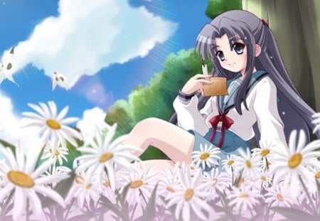 Pretty Flowers - flower, cute, beautiful, blossom, hot, anime girl, girl, wings, ribbon, scenery, view, field, uniform, floral, scenic, cloud, pretty, wing, beauty, sweet, anime, school uniform, sky, long hair, petals, butterfly, lovely, sexy, scene, female