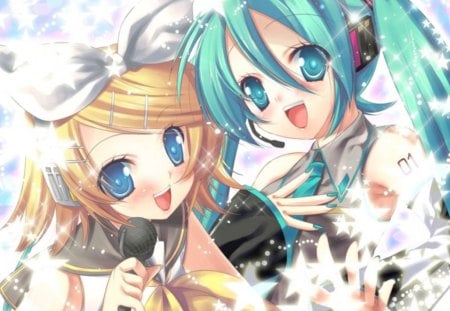 Miku n Rin - star, headphone, female, blossom, light, happy, rin, superstar, blond, blue eyes, cute, vocaloid, anime, blonde, anime  girl, hatsune miku, blond hair, green hair, long hair, microphone, short hair, kagamine rin, sparks, idol, twin tails, twintails, singer, girl, blonde hair, smile, miku, diva, vocaloids