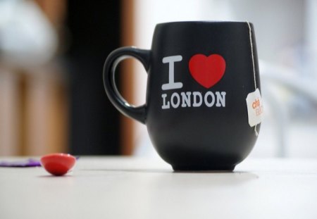 Coffee Love - coffee time, love, coffee, black cup, red heart, i love london, writing, cup