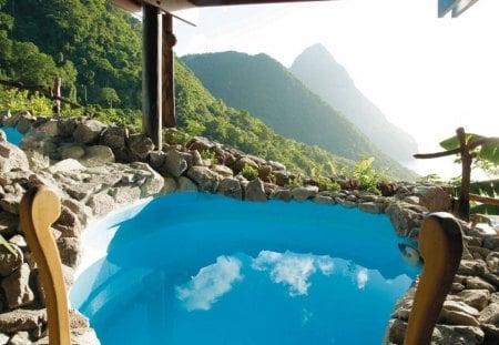 View out from Ladera Spa in St Lucia Caribbean - sky, hot, water, escape, mist, clouds, resort, zen, tub, ocean, mountain, peace, peak, caribbean, luxury, jacuzzi, blue, st lucia, spa, meditation, sea, ladera, retreat