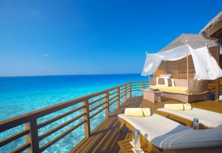 Water Bungalow looking out over lagoon - resort, water bungalow, beach, ocean, suite, hotel, luxury, hut, exotic, paradise, tropical, maldives, water, polynesia, indian, sun, south pacific, sand, room, retreat, haven, sea