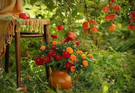 Apple Tree - nature, green nature, chair, pitcher, colorful flowers, apple tree, grass, apple