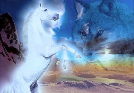 Fantasy horse and wolf - fantasy, wolf, rock, landscape, art, sand, white horse