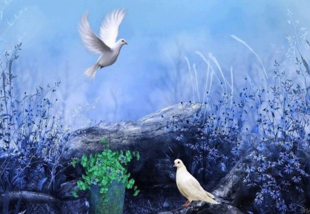 White Doves - blue flowers, branch, bouquet, blue sky, white, doves, art, pretty, colorful nature, there, flowers, fly