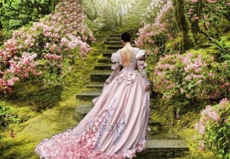 Walking in the park - vegetation, trees, beautiful dress, freshness, walk, coloured flowers, fresh, nature, woman, stair, park