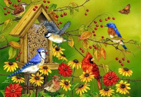 Spring birds - pretty, blossoms, birds, summer, spring, home, family, leaves, flowers, daisies, sing, friends, nice, house, branches, beautiful, lovely, blooming, colorful, nature, song