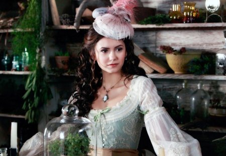 Vampire Diaries - beauty, woman, nina dobrev, hat, girl, movie, tv series, white, pink, blue, green, vampire diaries, elena, dress