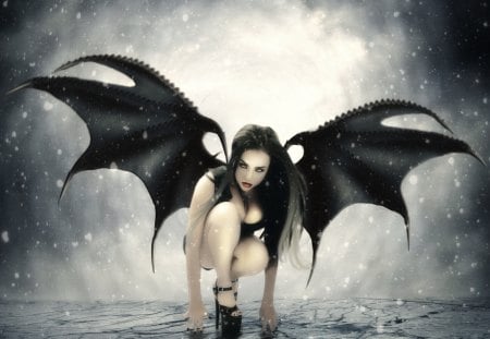 When Hell freezes over - angel, water, dark, wings