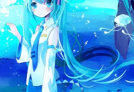 Jellyfish - hatsune, blue, water, fish, miku, cant think of a fourth