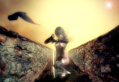 Warrior Girl - raven, HDR filters, girl, sword, tree, blackground, ruins