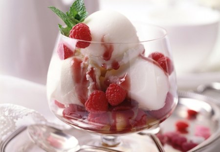 raspberries ice-cream - white, ice, cream, red, raspberries, sweet