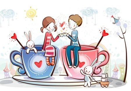 Coffee love - blue, coffee, girl, love, pink, bunny, boy, couple, hearts, cup