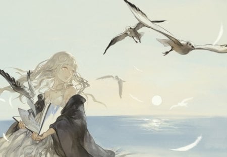 By the sea - long hairs, book, sea, white hairs, birds