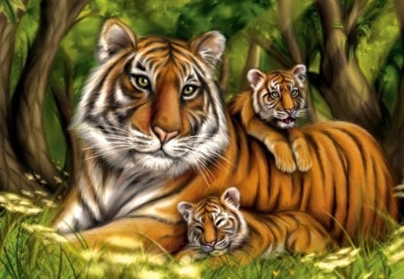 Tiger and Cubs - paint, art, tiger, family