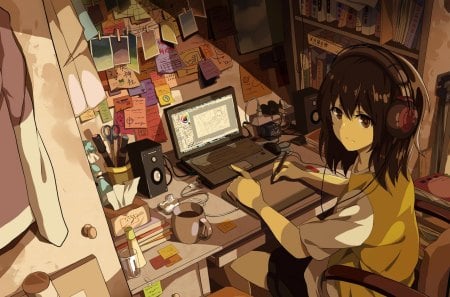 Art - brown eyes, anime, female, girl, table, brown hair, short hair, manga, headphones, computer