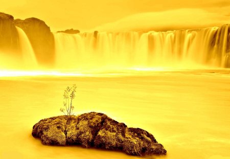 Golden Waterfall - water, rock, golden, waterfall