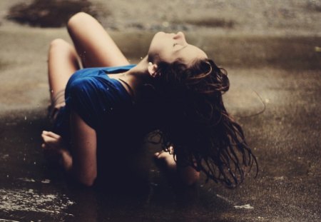 brunette girl laying on wet floor - girls, brunette, hair, floor