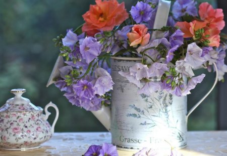 Flowers in a watering can - flower, love, can, roses