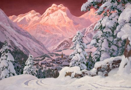 Mountains -winter - Mountains, Winter, Sunset, Reproduction