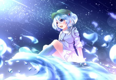 ~Nitori Kawashiro~ - touhou, pretty, water, short hair, nitori kawashiro, anime, girl, blue, waves