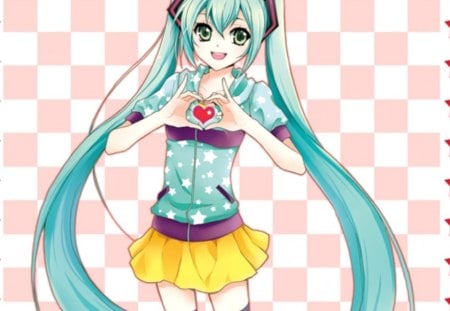 Miku Heart - star, anime, vocaloid, heart, kawaii, female, checker, hatsune miku, green eyes, green hair, long hair, happy, superstar, idol, twin tails, anime girl, twintails, singer, love, smile, miku, diva, cute, vocaloids