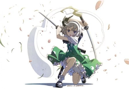 Take This!! - swords, girl, assassin, dangerous, touhou, youmu konpaku, anime, green dress, short hair, cute