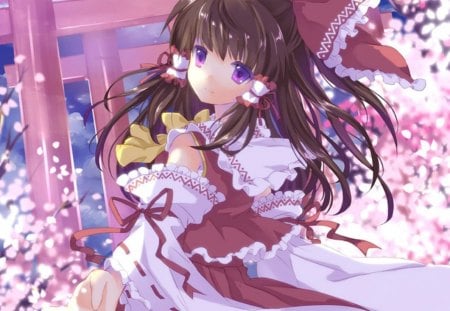 Hakurei Reimu - female, anime girl, brown hair, touhou, petals, anime, reimu, ribbon, purple eyes, cute, maiden, girl, shrine maiden, long hair, hakurei reimu, kawaii, floral, red, pink, shrine, blossom, flower, dress