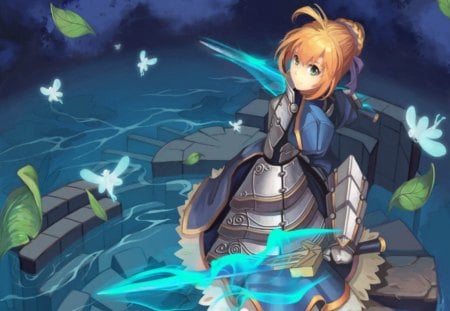 Fairy Pond - saber, female, magic, knight, blond, water, wings, anime girl, blade, fantasy, armor, blond hair, blonde hair, anime, excalibur, sword, pond, cute, girl, warrior, light, magical, braids, long hair, gown, fate stay night, green eyes, wing, weapon, fairy, dress, blonde