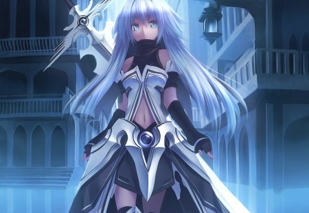 Anime Warrior - anime, female, warrior, long hair, armor, blue hair, weapon, balcony, blue eyes, fighter, house, anime girl, hot, girl, sword, knight, blade, cute, sexy, building