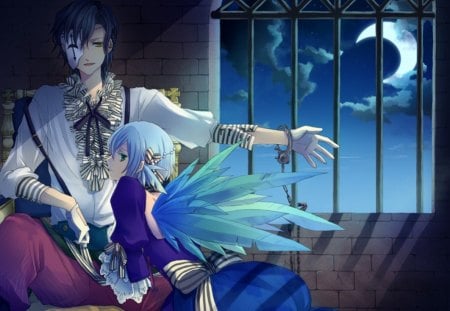 Prison Cell - anime, female, wing, window, dress, angel, night, green eyes, crescent, boy, male, short hair, mask, blue hair, sky, moon, yellow eyes, anime girl, chain, hot, girl, feather, wings, fairy, cloud, cute, sexy, wall