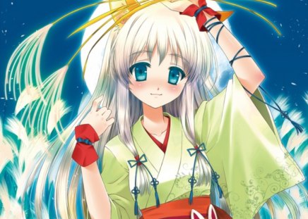 Kitsune Chan - anime, kawaii, female, ears, grass, long hair, white hair, blue eyes, silver hair, anime girl, beautiful, girl, weeds, beauty, kimono, lovely, sweet, yukata, cute