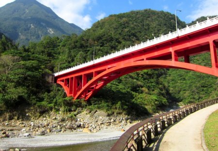 Red Bridge in the Canyon - trail, mountain, canyon, red, bridge