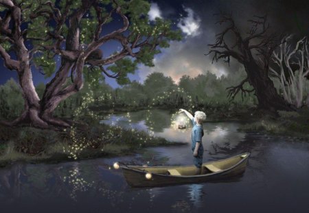 CATCHING FIREFLIES - magic, night, wallpaper, fantasy, reflection, forest, evening, boy, fireflies, canoe