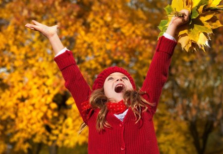 child_girl - autumn, red, sweater, cap, joy