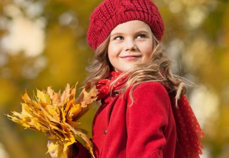 girl - sweater, smile, leaf, red