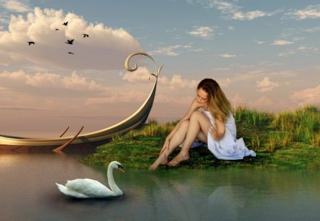 On the Lake - swan, lake, girl, sea