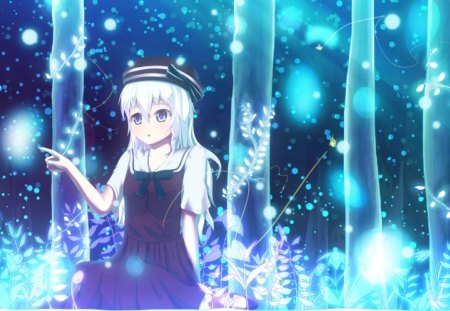 Magical Forrest - anime, blue, forrest, original, girl, night, white hair