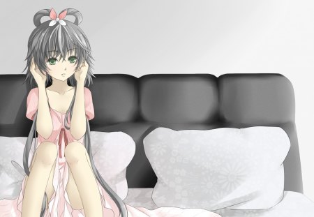 Luo Tianyi - waiting, grey eyes, anime, vocaloid, luo tianyi, original, girl, pink, grey, grey hair, pillow