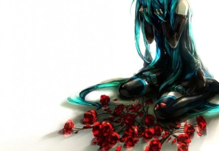 Hatsune Miku - Vocaloid, roses, anime, Hatsune Miku, girl, long hair, cry