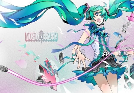 Hatsune Miku - hatsune miku, microphone, guitar, girl, headphones, vocaloid, anime