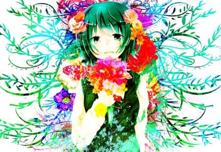 Gumi-san - anime, vocaloid, female, original, girl, flowers, gumi, green, smiling