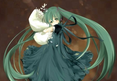 cute Miku - hatsune miku, pillow, feathers, vocaloid, long hair, twintail, cute, dress