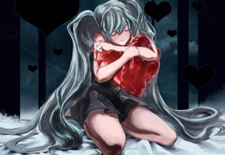 Hatsune Miku - hatsune miku, pillow, girl, vocaloid, hart, anime