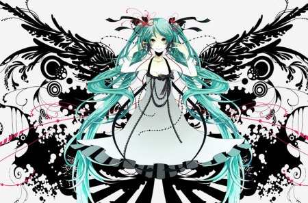 Hatsune Miku - hatsune miku, girl, headphones, vocaloid, anime, wings, blush, ink